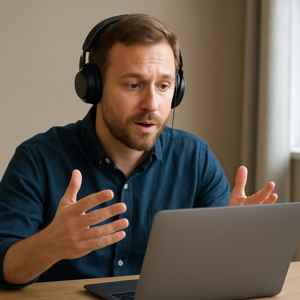 A middle-aged man, wearing a navy blue dress shirt and large black headset, sits in front of an open laptop, gesturing wit...