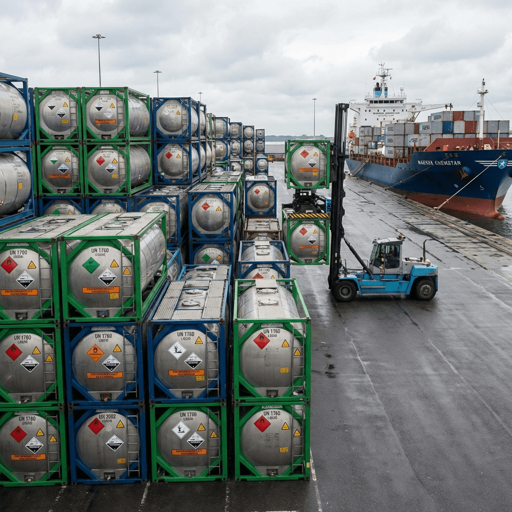 Forklift lifting tank containers at a shipping port with a large cargo ship.